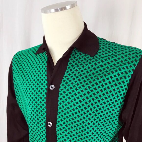 Vintage 60s 70s Shirt Sweater Diplomat Acetate Knit Green Black Mod - Picture 5 of 7